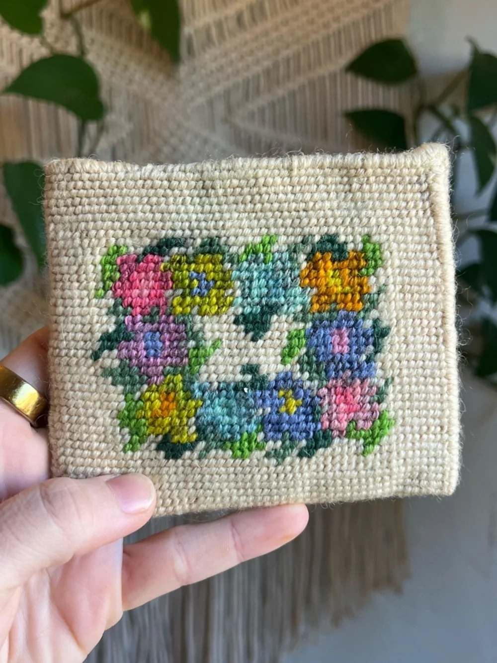 Vintage Needlepoint Coin Purse Floral Point Handmade Cottagecore Embroidered